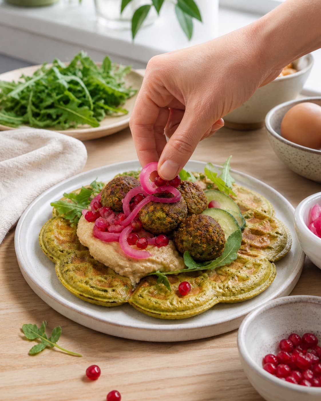 Golden falafel vaffel med forskellige toppings resting briefly before serving under tilberedningen af falafel vaffel med forskellige toppings