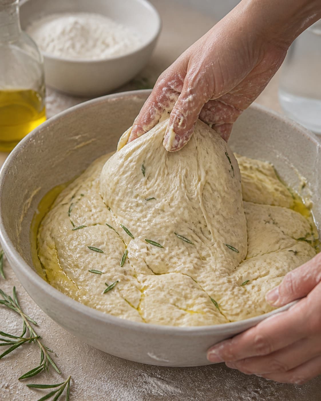 Close view of the moist dough for foccacia brød med rosmarin being mixed in a bowl with frisk rosmarin, olivenolie, hvedemel, lunkent vand under tilberedningen af foccacia brød med rosmarin