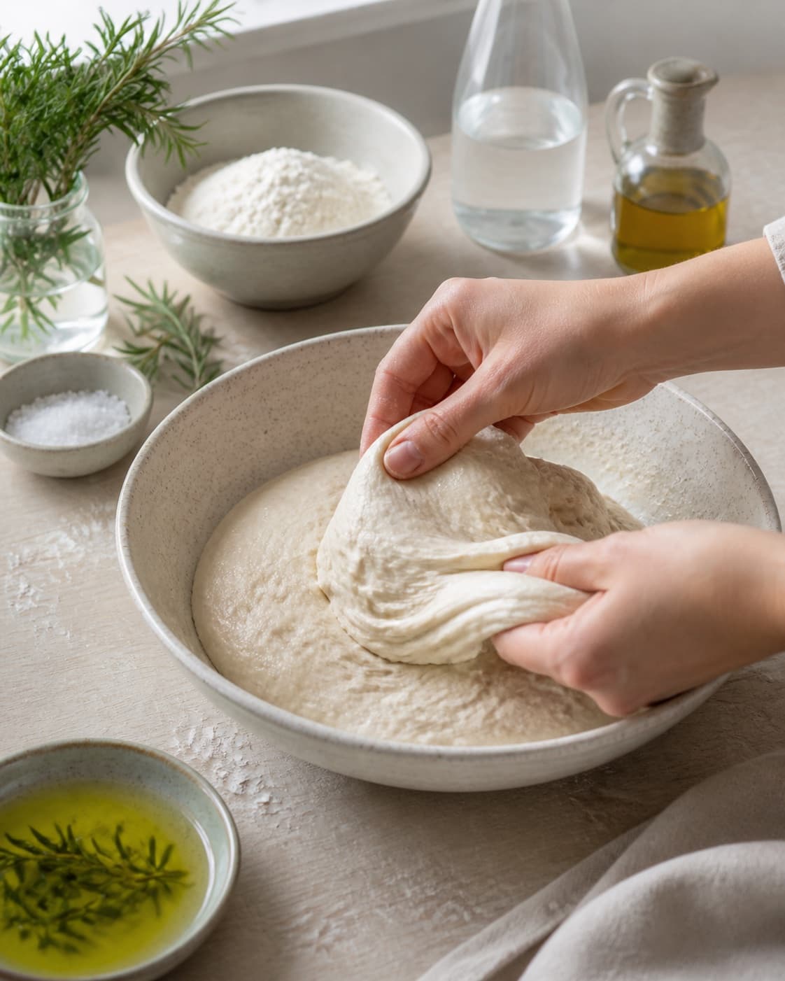 Hands gently folding elastic dough for foccacia brød med rosmarin under tilberedningen af foccacia brød med rosmarin