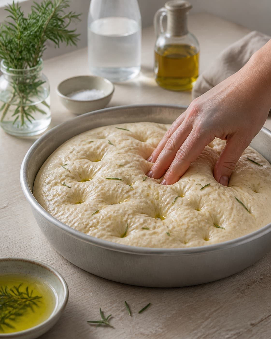 Proofed airy dough for foccacia brød med rosmarin with visible fermentation bubbles under tilberedningen af foccacia brød med rosmarin