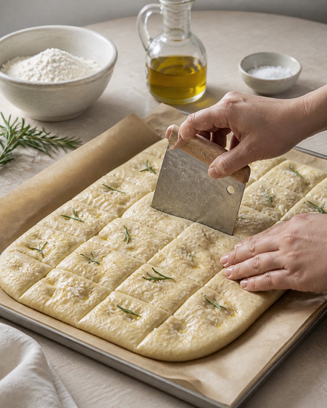 Even pieces of foccacia brød med rosmarin being shaped before baking under tilberedningen af foccacia brød med rosmarin