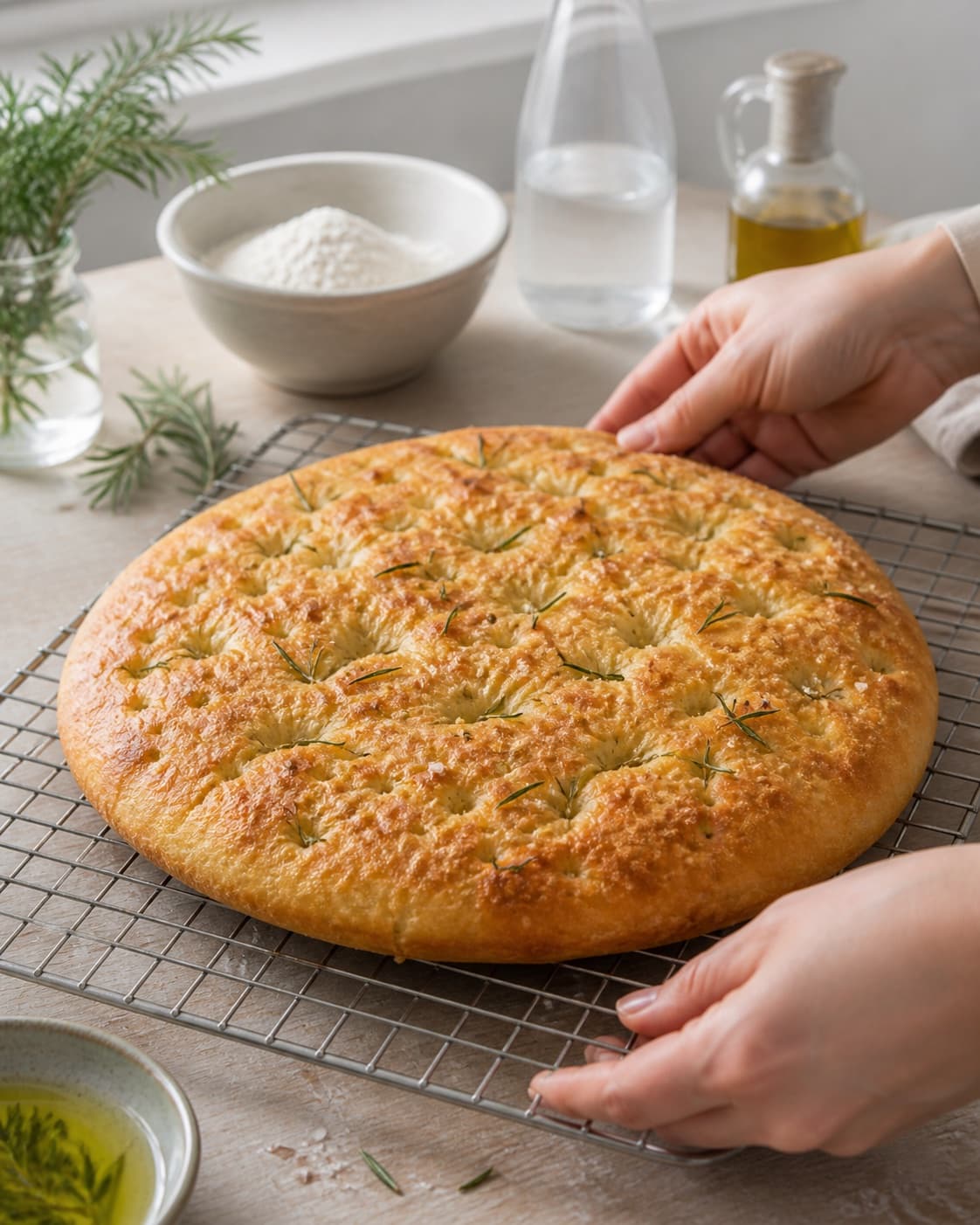 Golden baked foccacia brød med rosmarin cooling on a wire rack under tilberedningen af foccacia brød med rosmarin