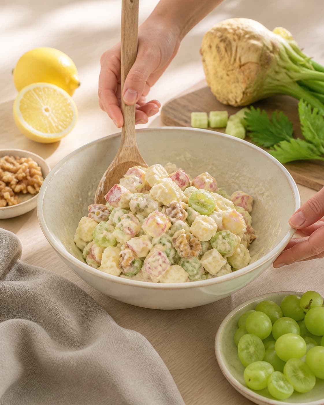 Clean prepared ingredients for waldorfsalat med selleri, vindruer og æble with knoldselleri, syrlige æbler, grønne vindruer, økologisk citron under tilberedningen af waldorfsalat med selleri, vindruer og æble