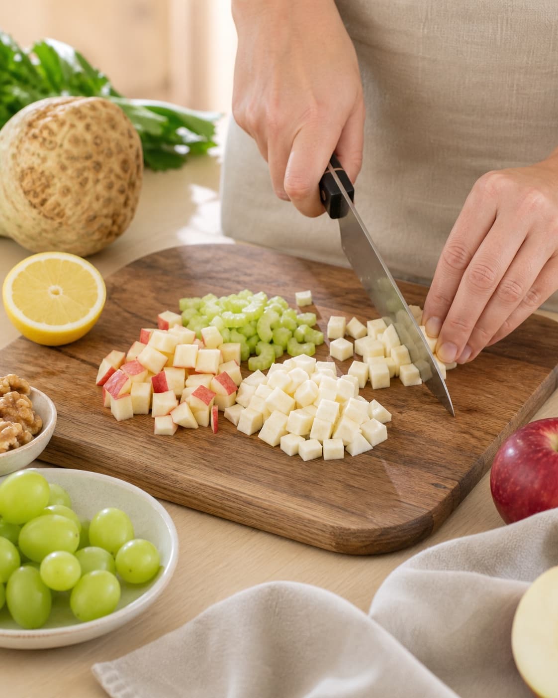 Ingredients for waldorfsalat med selleri, vindruer og æble being cut into even pieces under tilberedningen af waldorfsalat med selleri, vindruer og æble