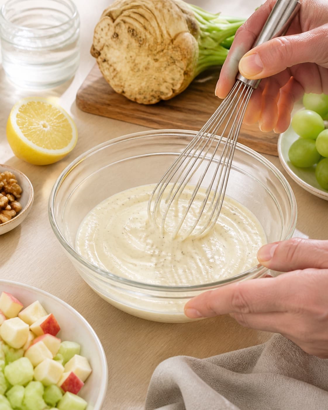 Dressing for waldorfsalat med selleri, vindruer og æble being whisked until glossy under tilberedningen af waldorfsalat med selleri, vindruer og æble