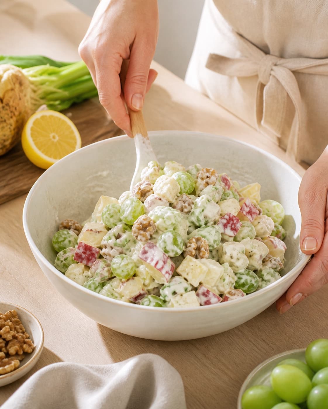 waldorfsalat med selleri, vindruer og æble being gently combined without crushing the ingredients under tilberedningen af waldorfsalat med selleri, vindruer og æble