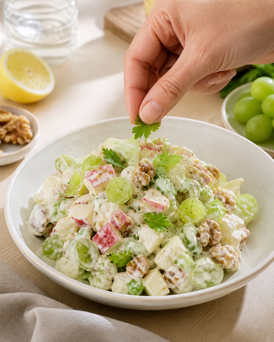 Fresh finished waldorfsalat med selleri, vindruer og æble receiving its final garnish under tilberedningen af waldorfsalat med selleri, vindruer og æble