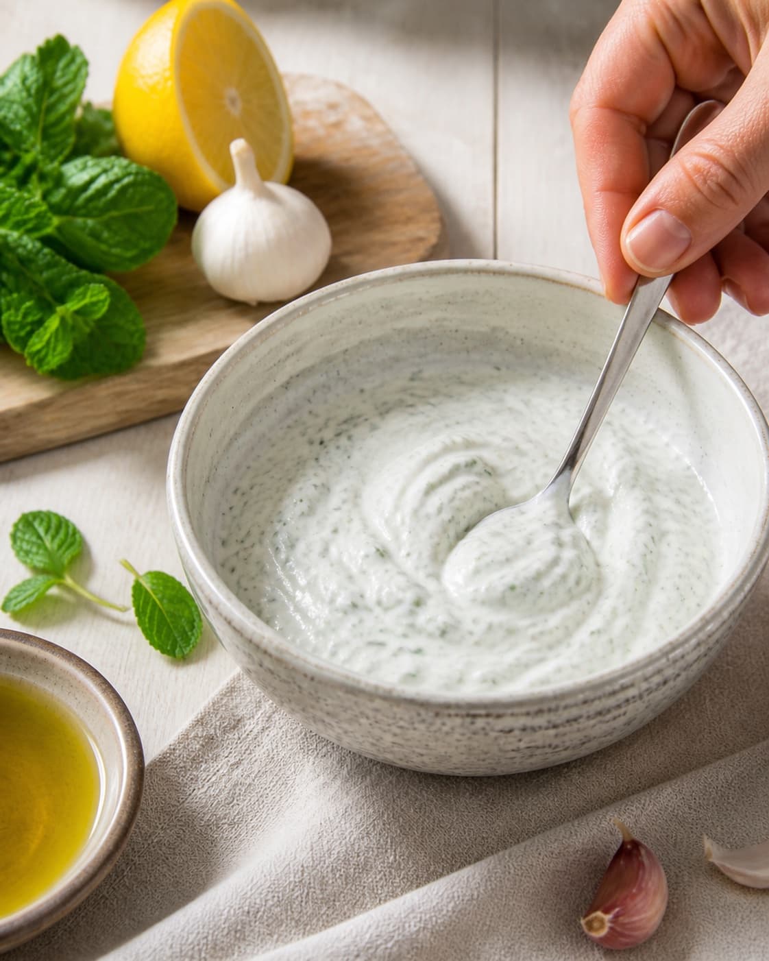 Clean prepared ingredients for myntedip med hvidløg with frisk mynte, græsk yoghurt, økologisk citron, ekstra jomfruolivenolie under tilberedningen af myntedip med hvidløg