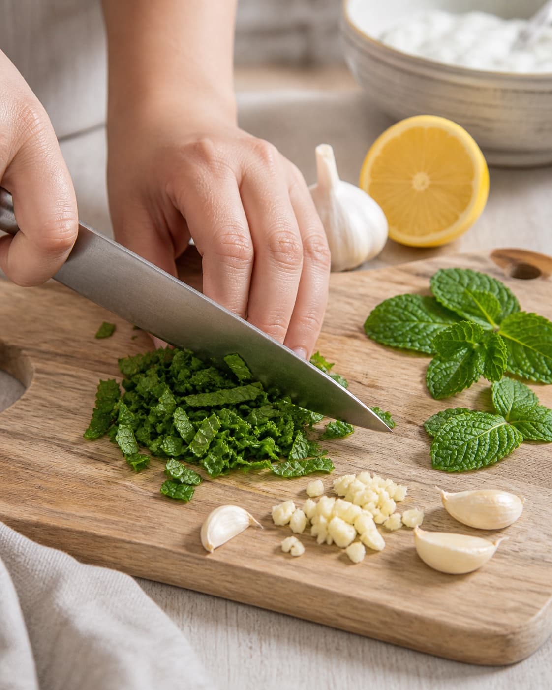 Ingredients for myntedip med hvidløg being cut into even pieces under tilberedningen af myntedip med hvidløg