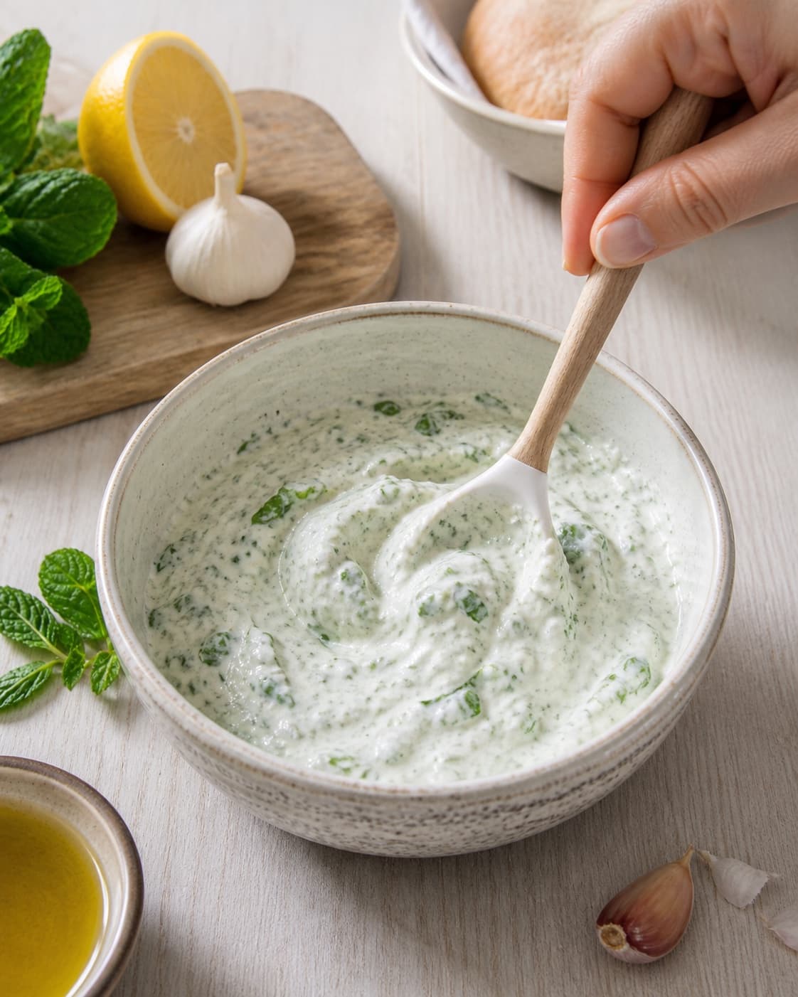 myntedip med hvidløg being gently combined without crushing the ingredients under tilberedningen af myntedip med hvidløg
