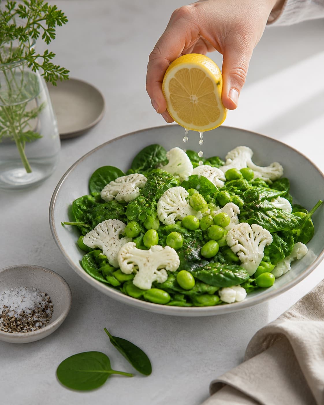 Clean prepared ingredients for spinatsalat med edamame bønner og blomkål with frisk spinat, blomkål, edamamebønner, økologisk citron under tilberedningen af spinatsalat med edamame bønner og blomkål