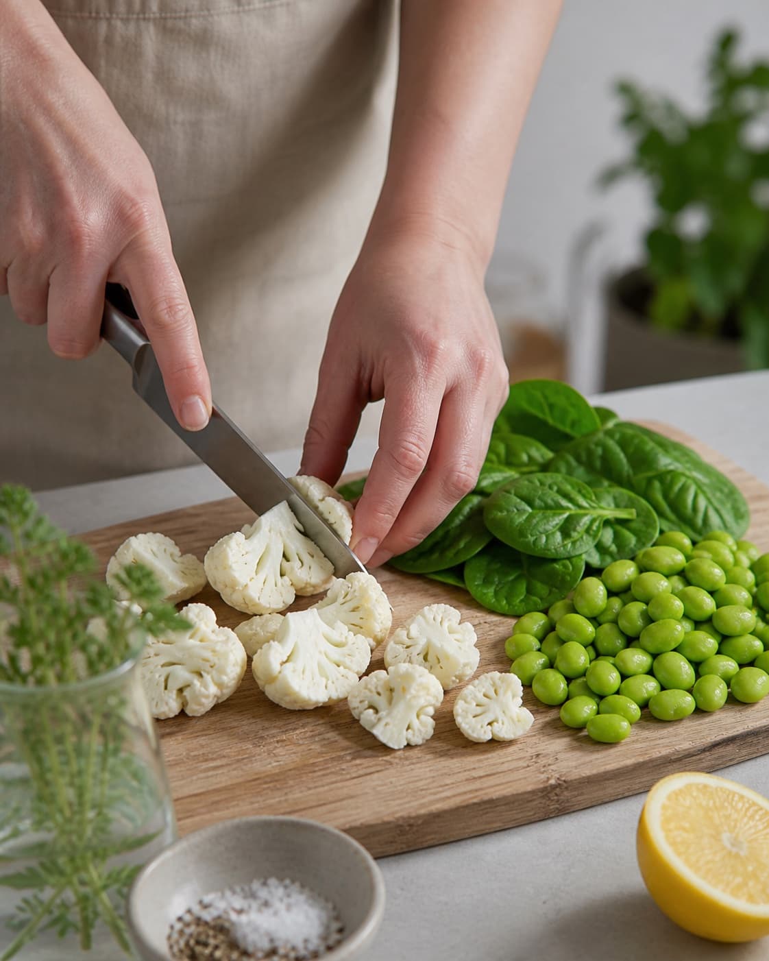 Ingredients for spinatsalat med edamame bønner og blomkål being cut into even pieces under tilberedningen af spinatsalat med edamame bønner og blomkål