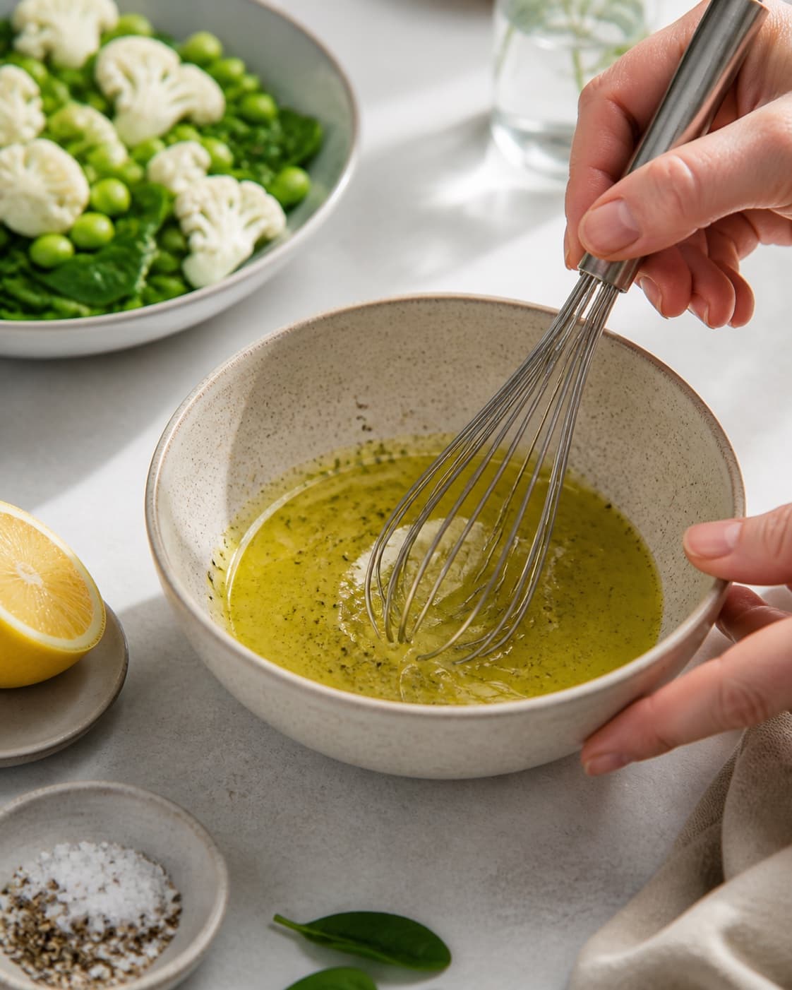 Dressing for spinatsalat med edamame bønner og blomkål being whisked until glossy under tilberedningen af spinatsalat med edamame bønner og blomkål