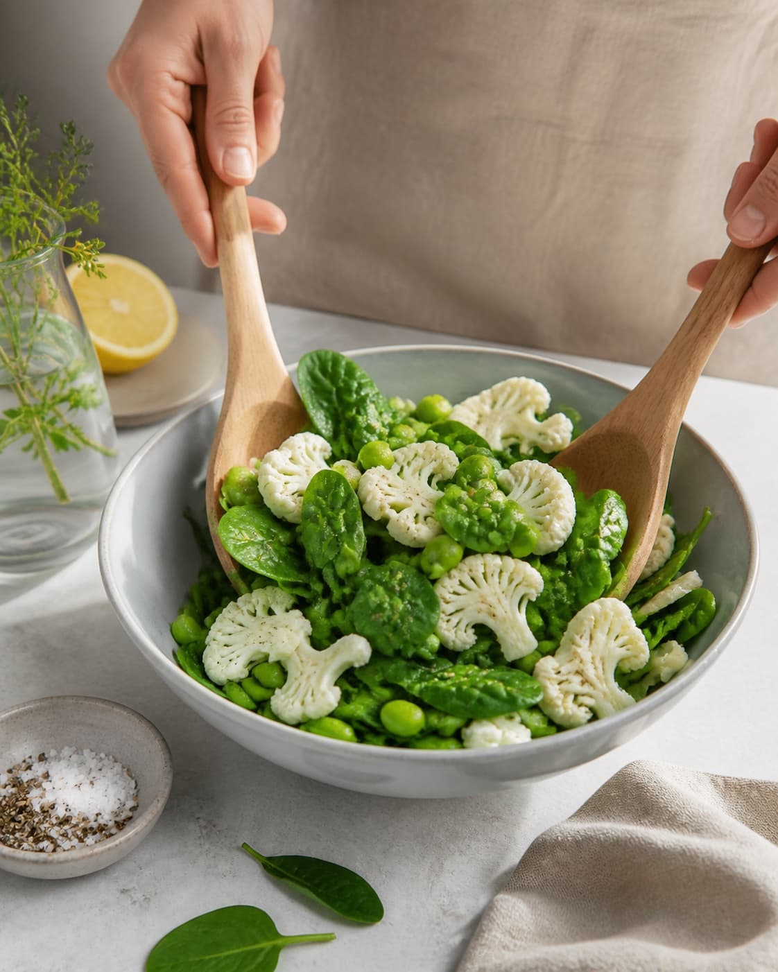 spinatsalat med edamame bønner og blomkål being gently combined without crushing the ingredients under tilberedningen af spinatsalat med edamame bønner og blomkål