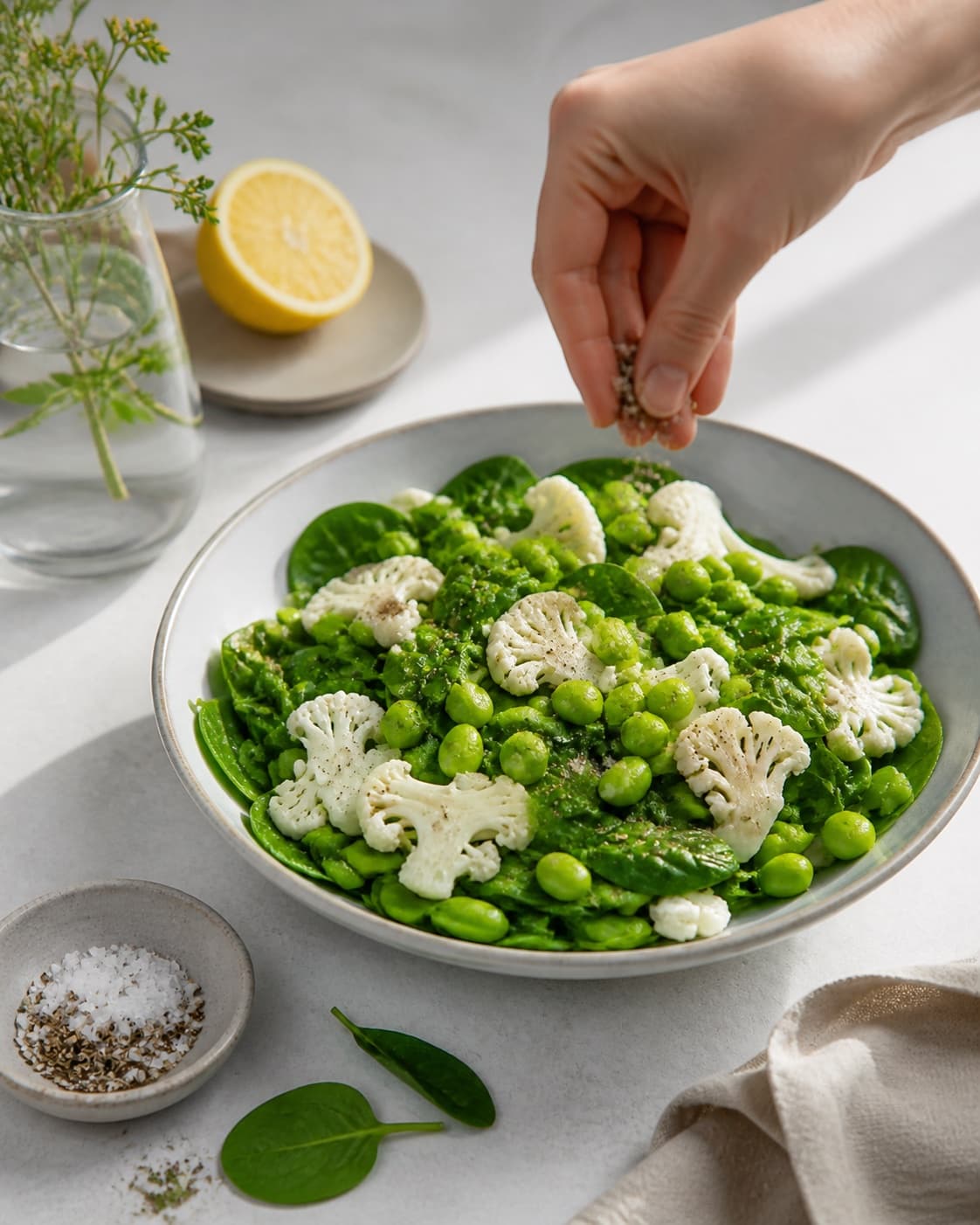 Fresh finished spinatsalat med edamame bønner og blomkål receiving its final garnish under tilberedningen af spinatsalat med edamame bønner og blomkål