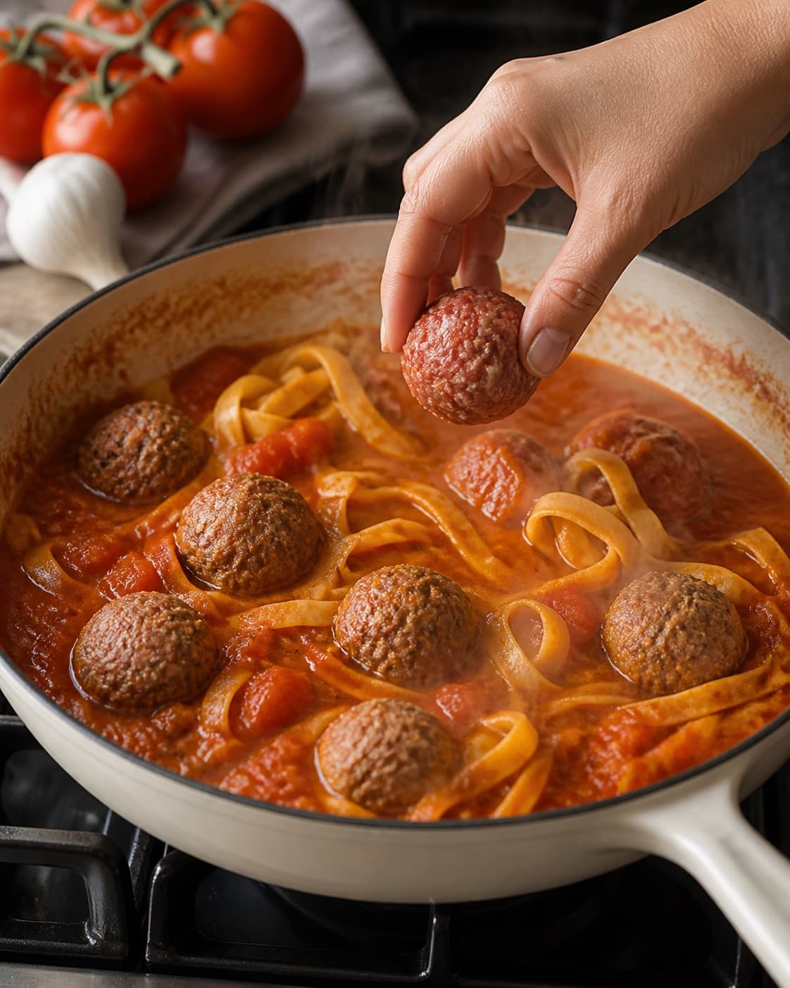 Sauce base for italienske kødboller i tomatsauce med pasta cooking gently with modne tomater, hakket oksekød, tørret pasta, hvidløg under tilberedningen af italienske kødboller i tomatsauce med pasta
