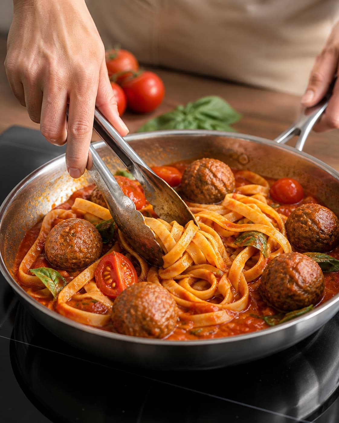italienske kødboller i tomatsauce med pasta being emulsified in a broad pan under tilberedningen af italienske kødboller i tomatsauce med pasta