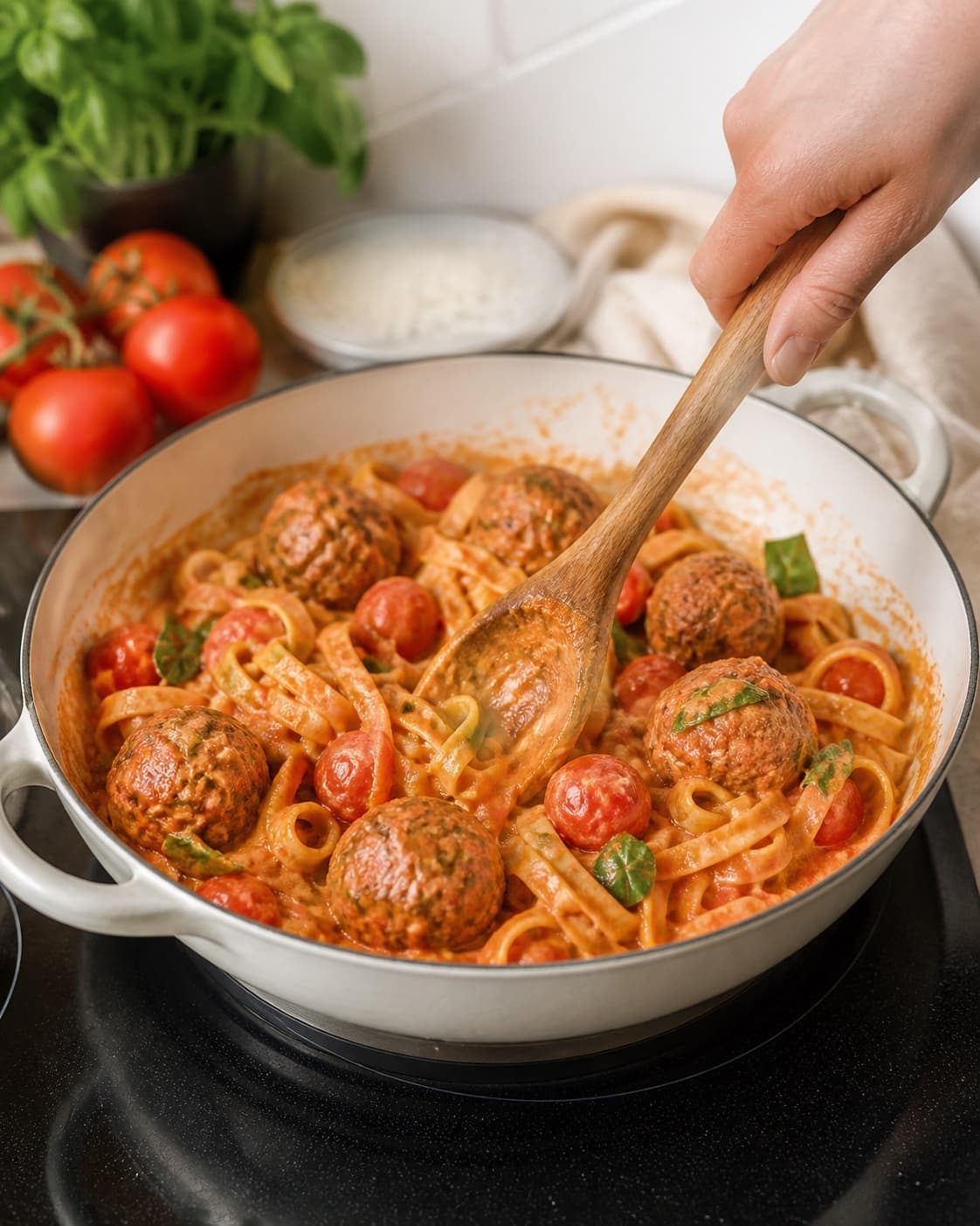 Creamy texture of italienske kødboller i tomatsauce med pasta being adjusted off the heat under tilberedningen af italienske kødboller i tomatsauce med pasta