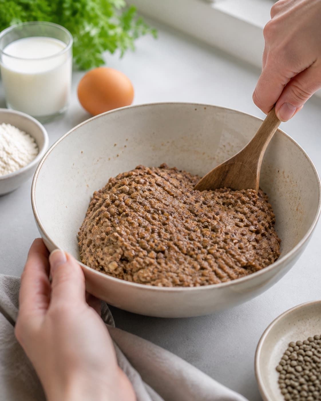 Rested cohesive mixture for linsefrikadeller ready for the pan under tilberedningen af linsefrikadeller