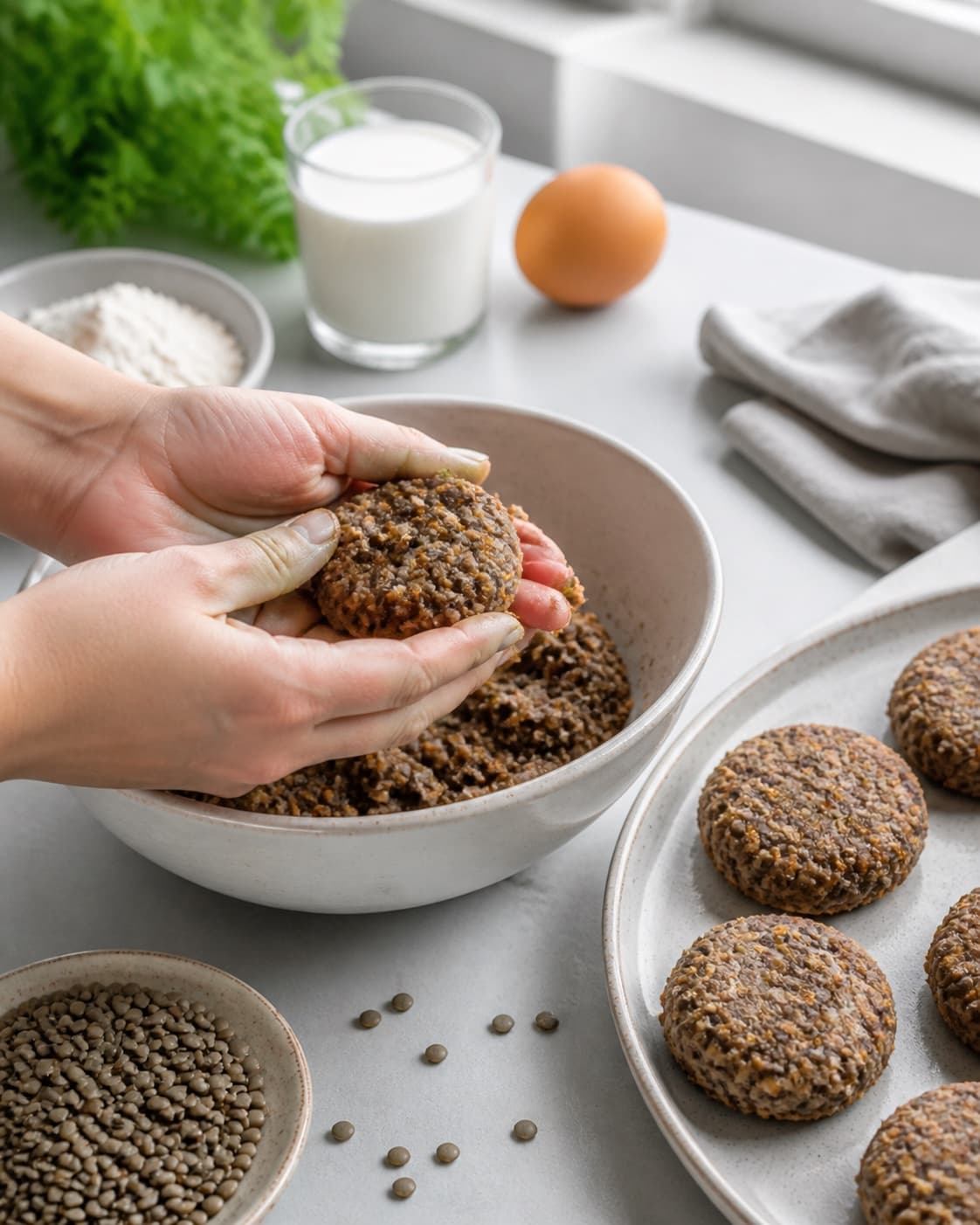 Equal portions of linsefrikadeller being formed under tilberedningen af linsefrikadeller