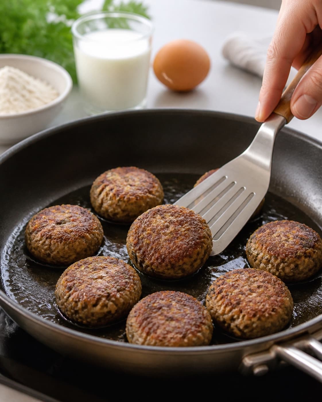 linsefrikadeller frying to an even golden crust in a pan under tilberedningen af linsefrikadeller