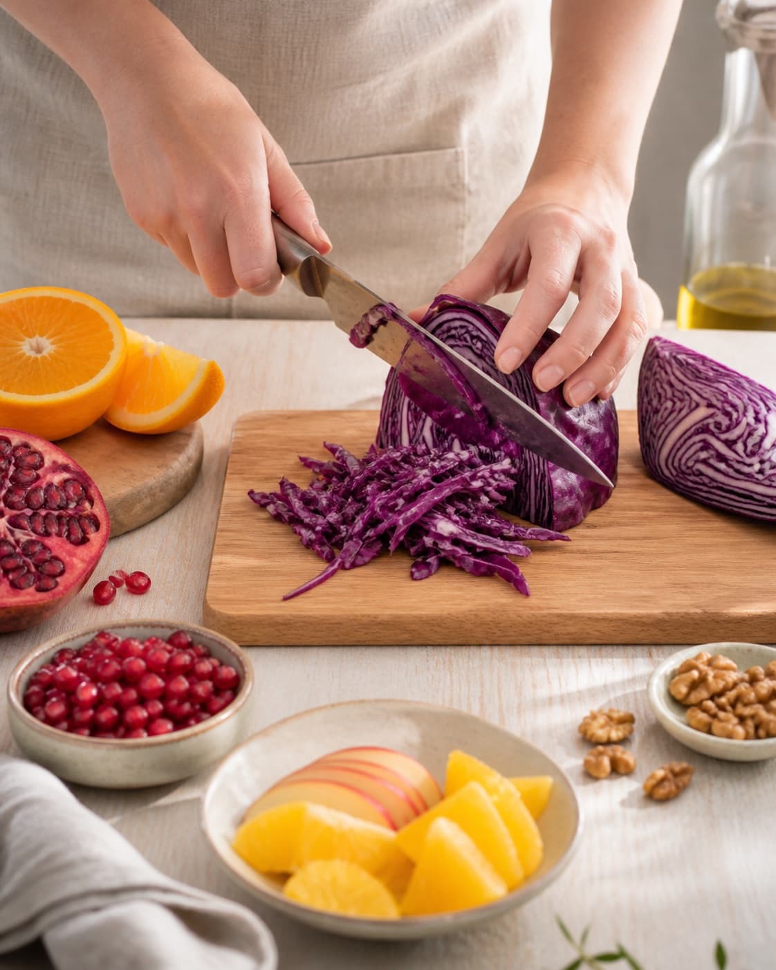 Ingredients for rødkålssalat med appelsin og granatæble being cut into even pieces under tilberedningen af rødkålssalat med appelsin og granatæble