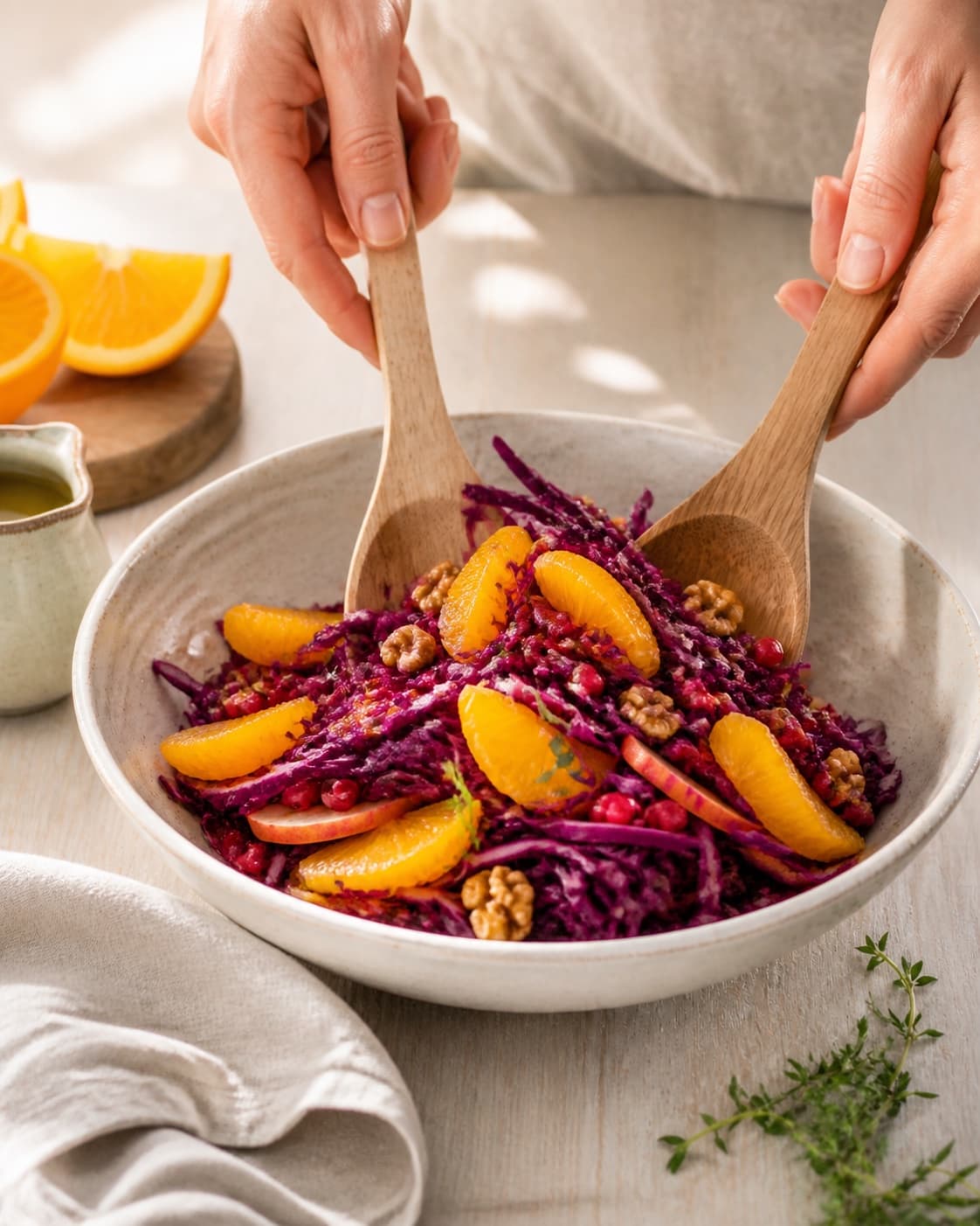 rødkålssalat med appelsin og granatæble being gently combined without crushing the ingredients under tilberedningen af rødkålssalat med appelsin og granatæble