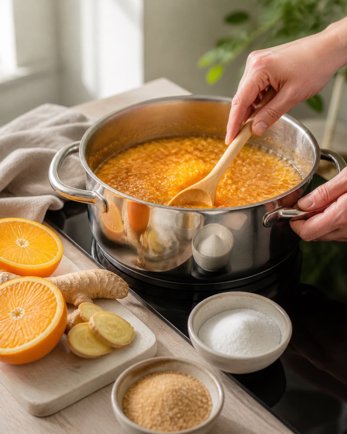 Clean measured ingredients and prepared jars for appelsinmarmelade med ingefær og vanilje with frisk ingefær, økologisk appelsin, syltesukker, rørsukker under tilberedningen af appelsinmarmelade med ingefær og vanilje