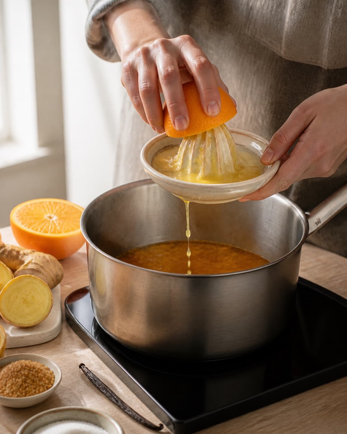 Ingredients for appelsinmarmelade med ingefær og vanilje gently releasing juice in a pot under tilberedningen af appelsinmarmelade med ingefær og vanilje