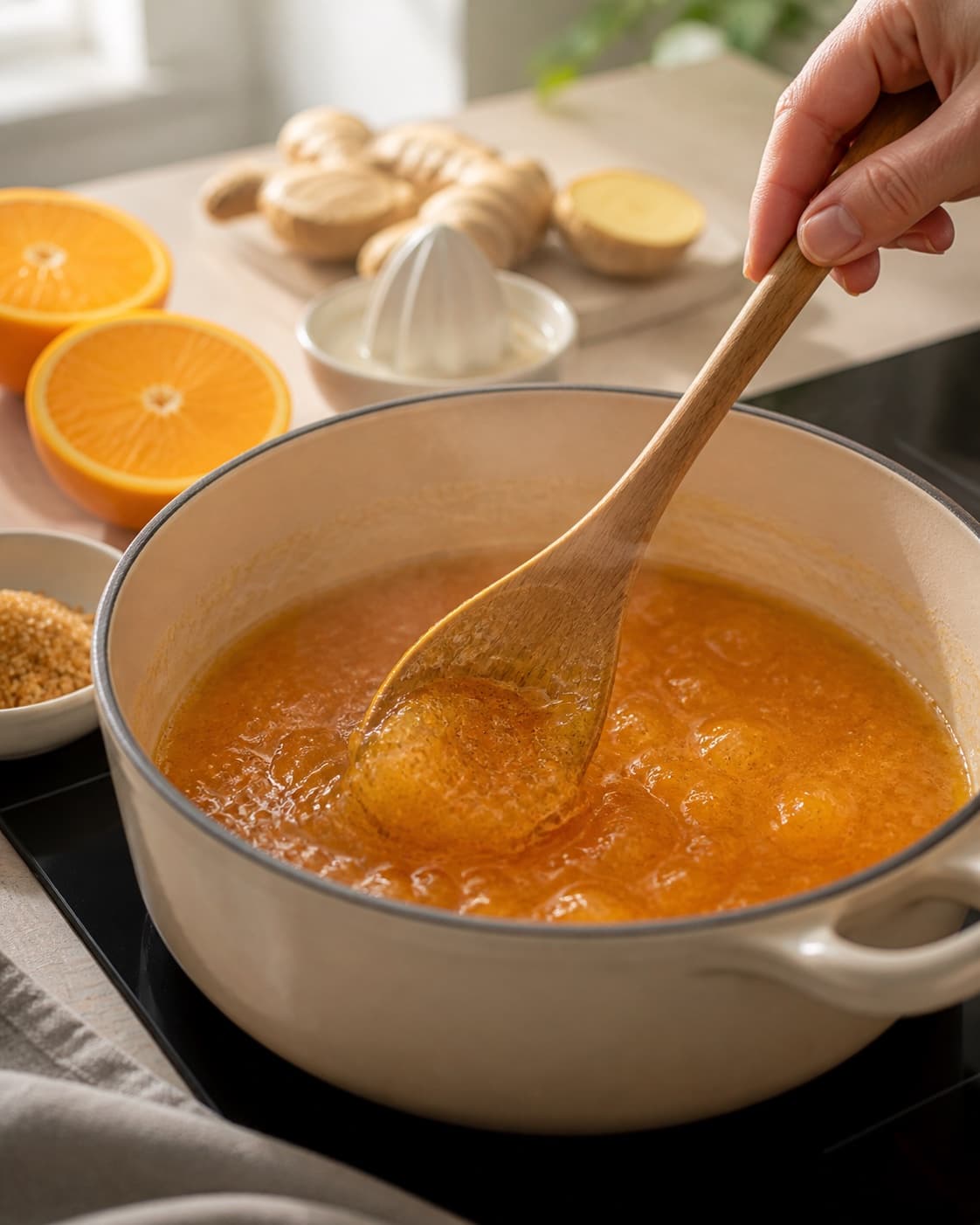 appelsinmarmelade med ingefær og vanilje simmering to a glossy even consistency under tilberedningen af appelsinmarmelade med ingefær og vanilje