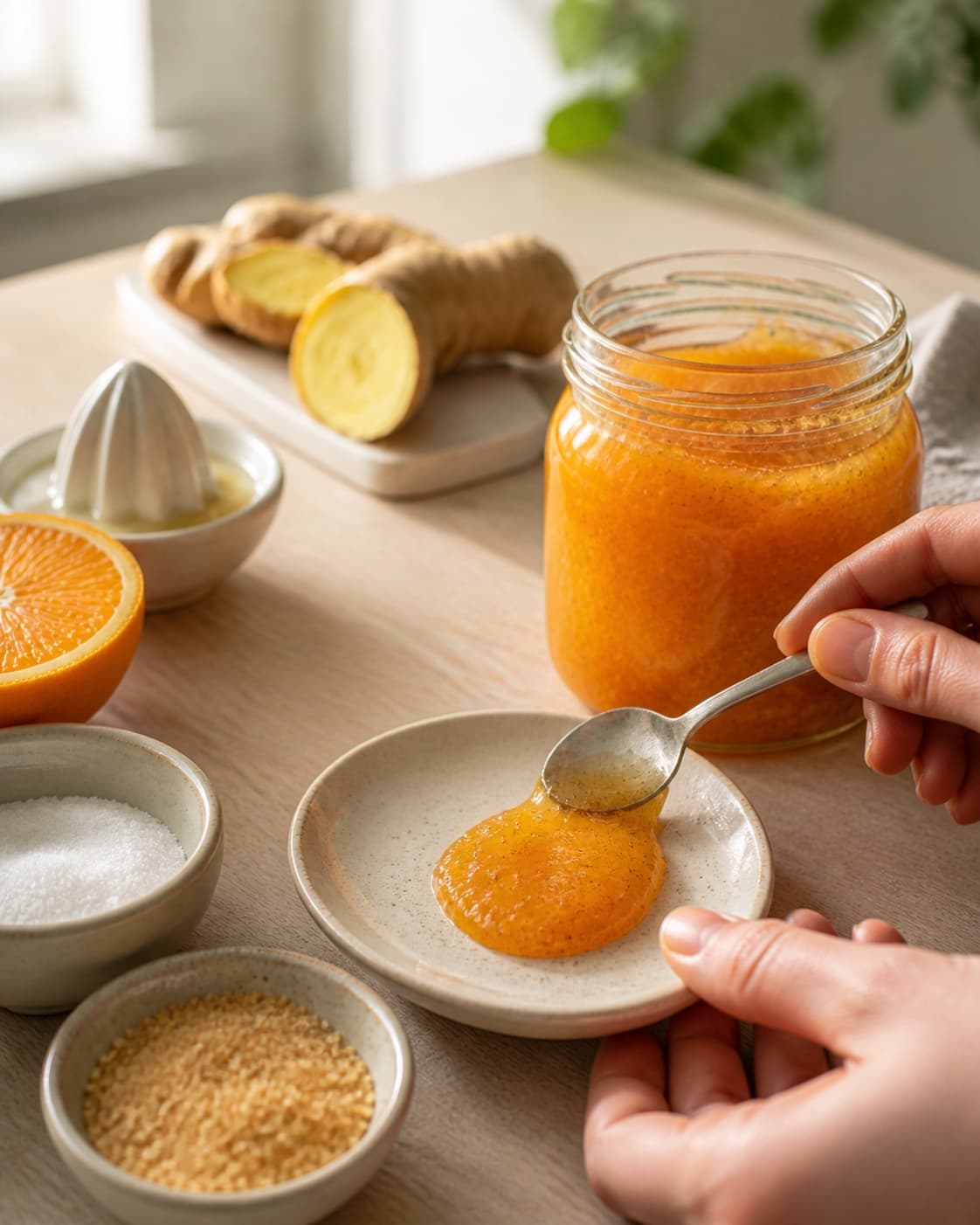A chilled consistency test for appelsinmarmelade med ingefær og vanilje on a small plate under tilberedningen af appelsinmarmelade med ingefær og vanilje