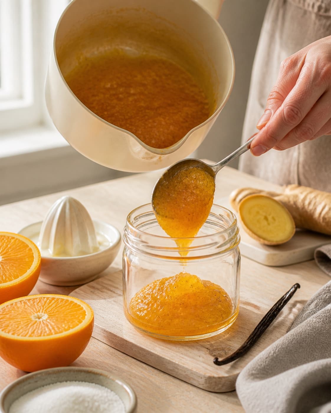 Hot finished appelsinmarmelade med ingefær og vanilje being carefully transferred into a clean jar under tilberedningen af appelsinmarmelade med ingefær og vanilje