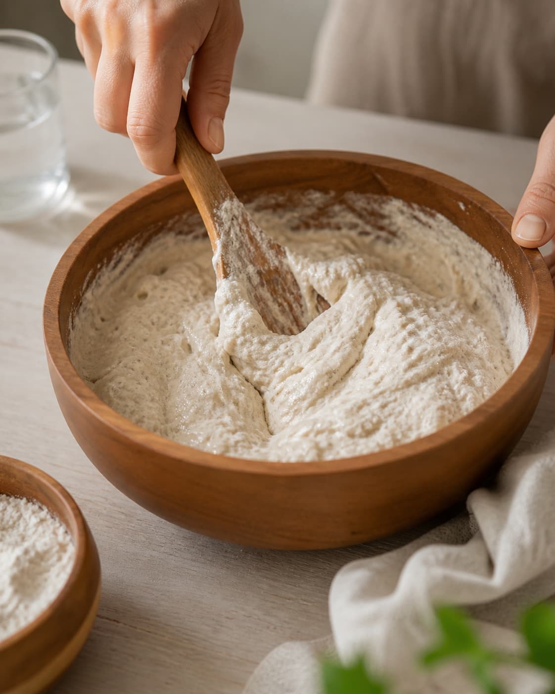 Close view of the moist dough for surdejsknækbrød – knækbrød med surdejsrester being mixed in a bowl with aktiv surdej, hvedemel, lunkent vand, gær under tilberedningen af surdejsknækbrød – knækbrød med surdejsrester