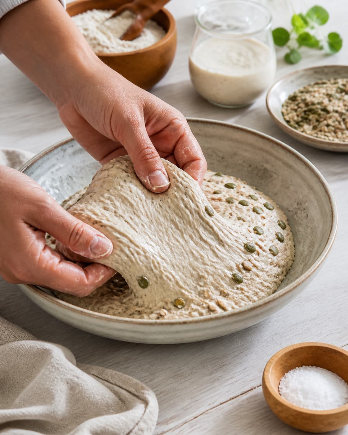 Hands gently folding elastic dough for surdejsknækbrød – knækbrød med surdejsrester under tilberedningen af surdejsknækbrød – knækbrød med surdejsrester