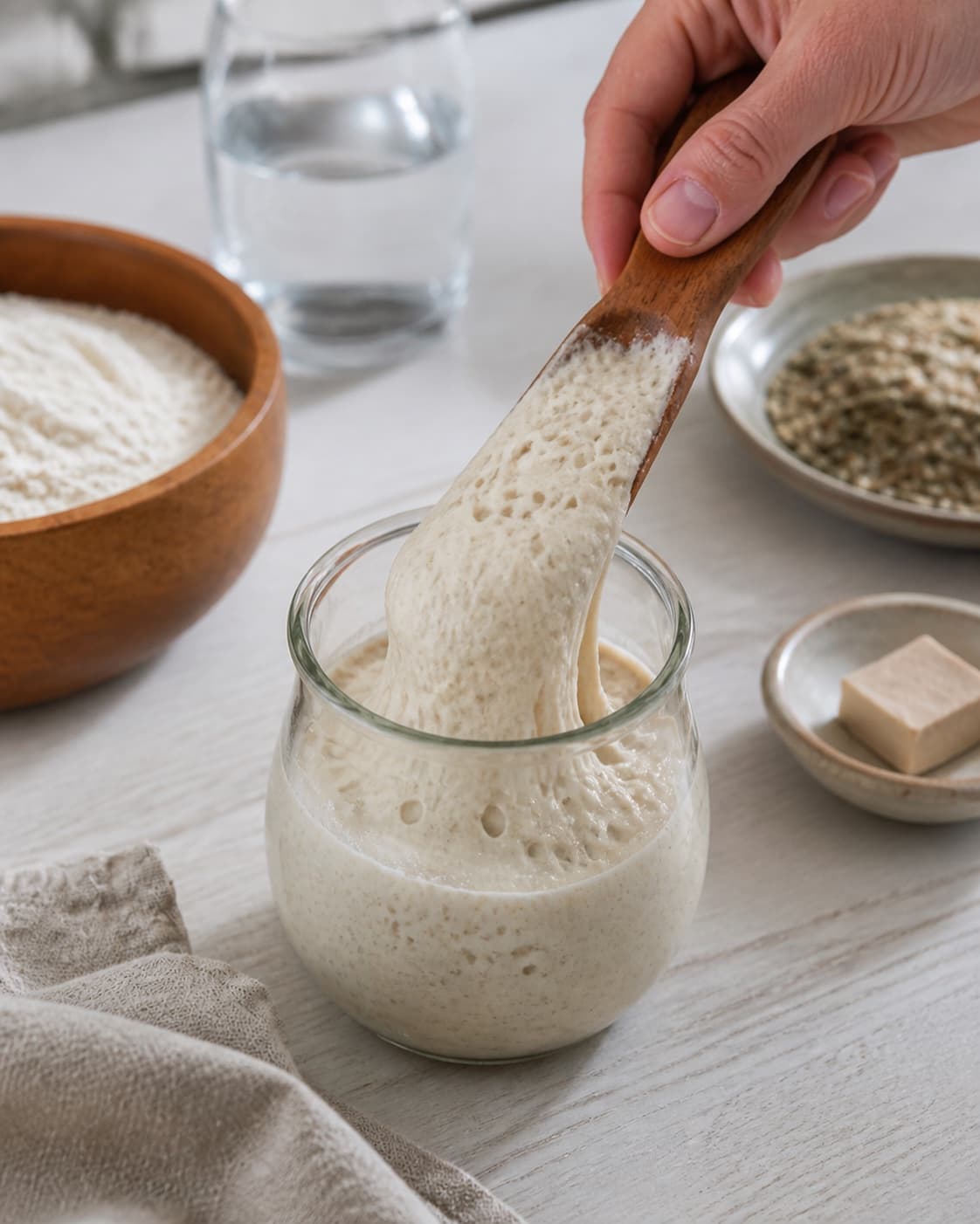 Proofed airy dough for surdejsknækbrød – knækbrød med surdejsrester with visible fermentation bubbles under tilberedningen af surdejsknækbrød – knækbrød med surdejsrester