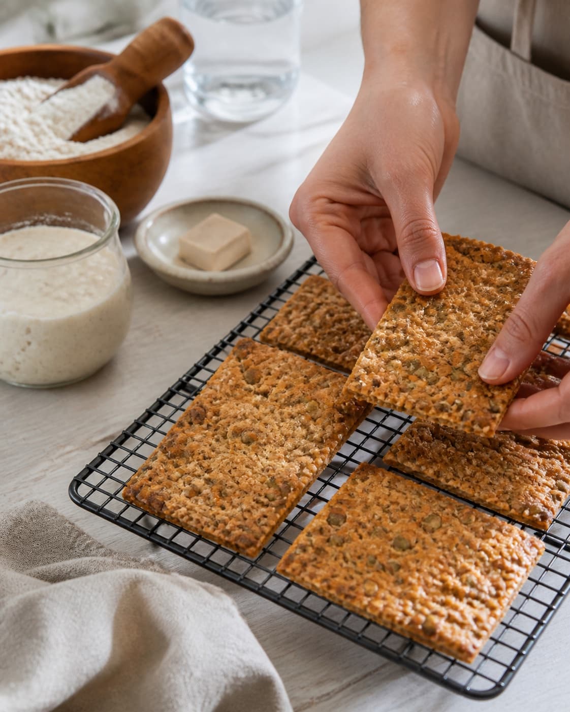 Golden baked surdejsknækbrød – knækbrød med surdejsrester cooling on a wire rack under tilberedningen af surdejsknækbrød – knækbrød med surdejsrester