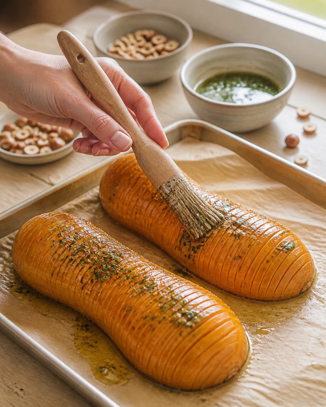 Prepared dry ingredients for hasselback butternut squash med urtesmør og hasselnødder with hasselnødder, smør, butternut squash, rapsolie under tilberedningen af hasselback butternut squash med urtesmør og hasselnødder