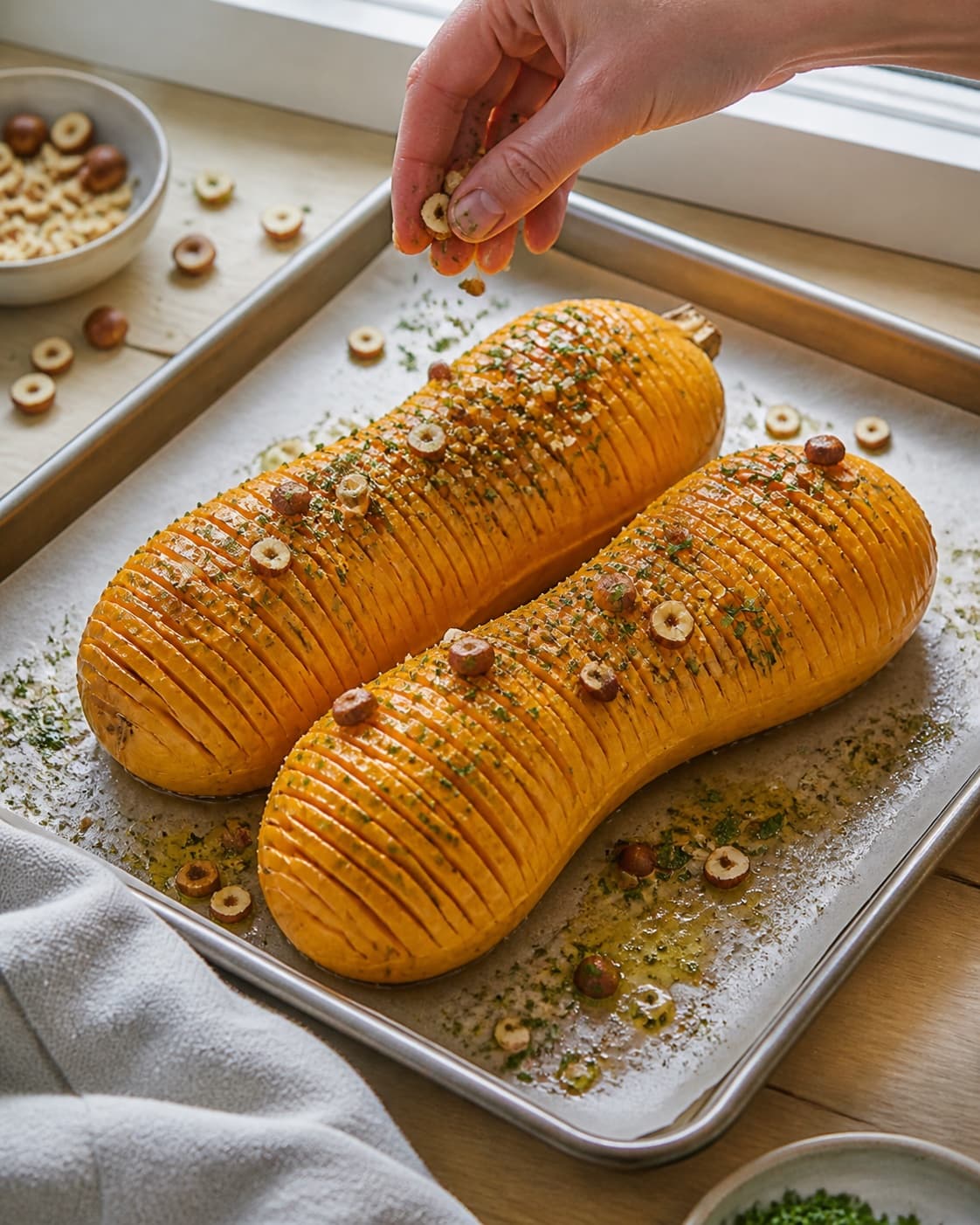 hasselback butternut squash med urtesmør og hasselnødder being evenly seasoned before roasting under tilberedningen af hasselback butternut squash med urtesmør og hasselnødder