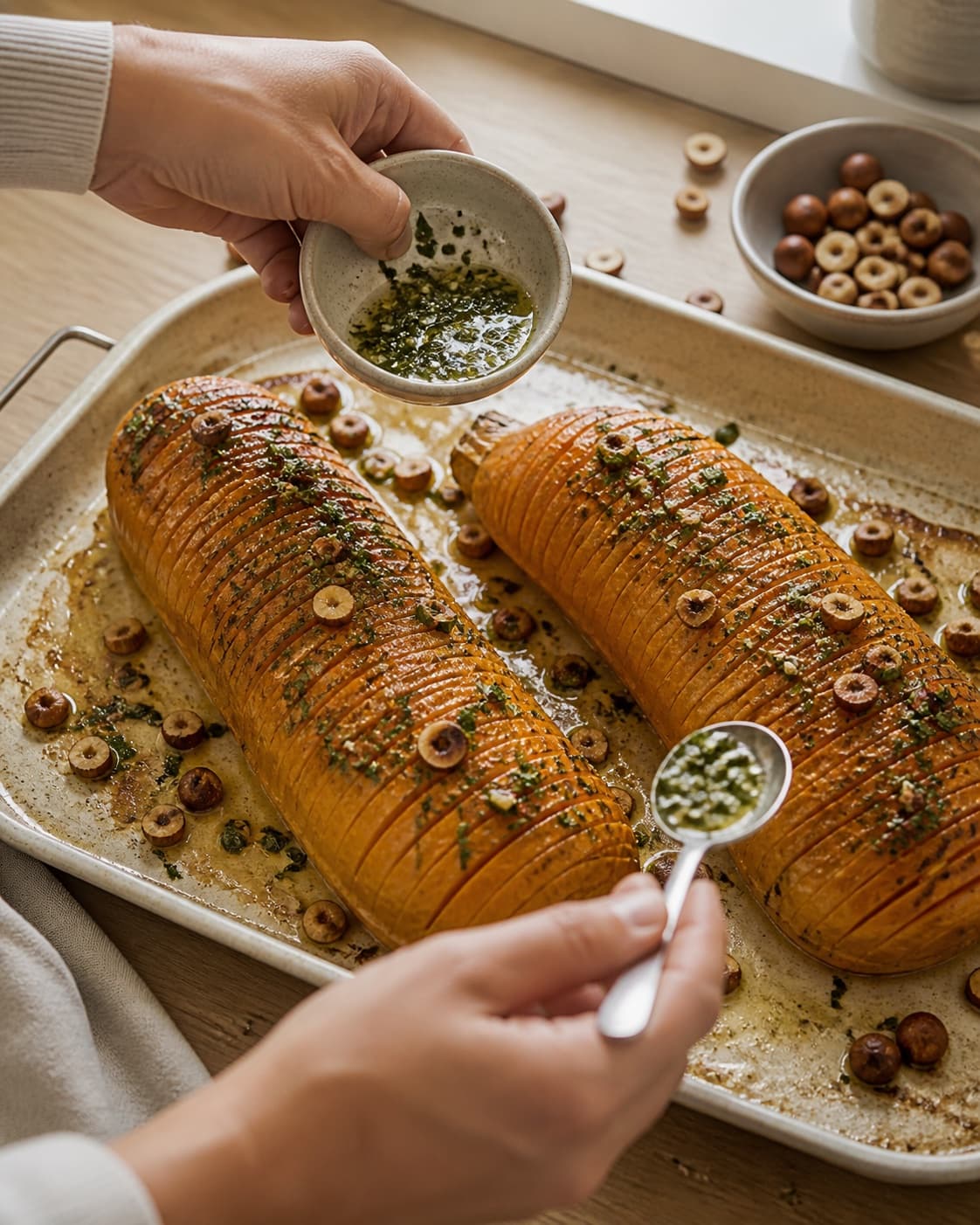 hasselback butternut squash med urtesmør og hasselnødder developing an even golden crust under tilberedningen af hasselback butternut squash med urtesmør og hasselnødder