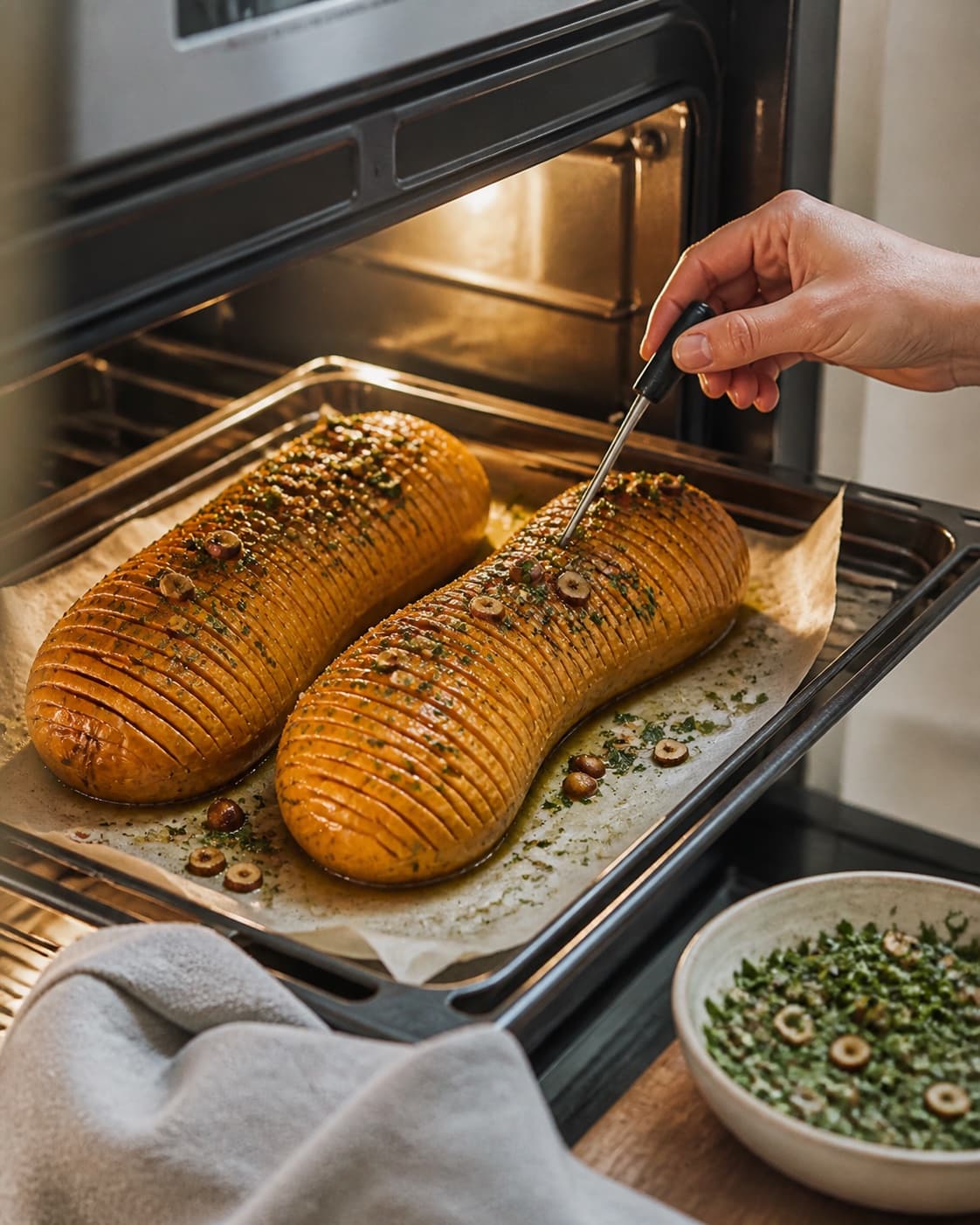 hasselback butternut squash med urtesmør og hasselnødder roasting evenly while its centre temperature is checked under tilberedningen af hasselback butternut squash med urtesmør og hasselnødder