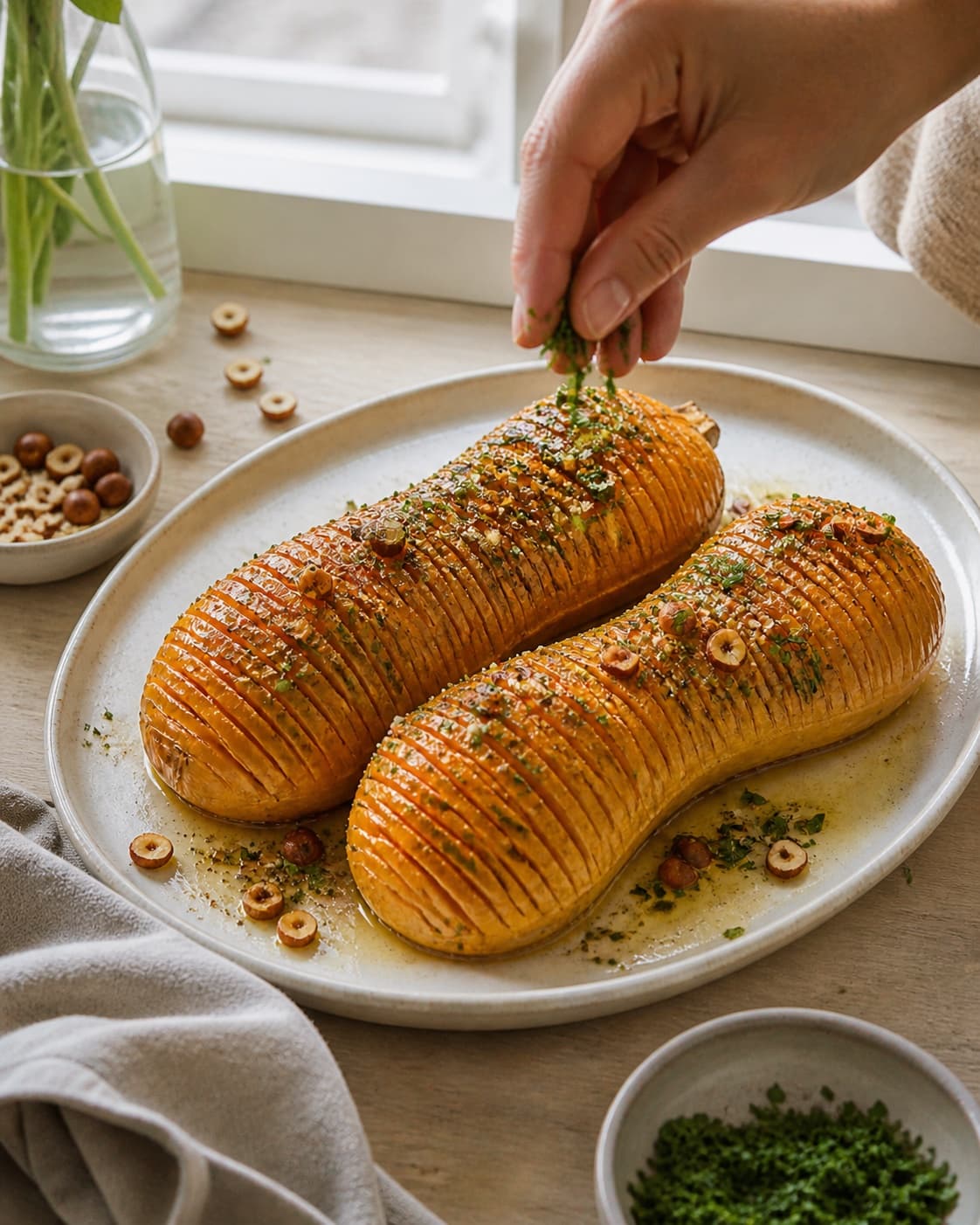 Finished hasselback butternut squash med urtesmør og hasselnødder resting before the final garnish under tilberedningen af hasselback butternut squash med urtesmør og hasselnødder