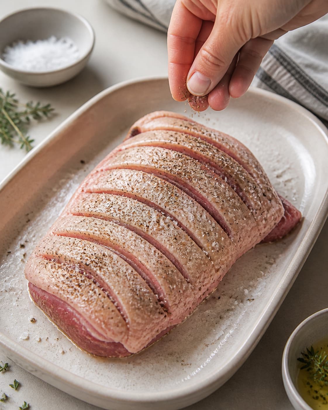 stegt andebryst being evenly seasoned before roasting under tilberedningen af stegt andebryst