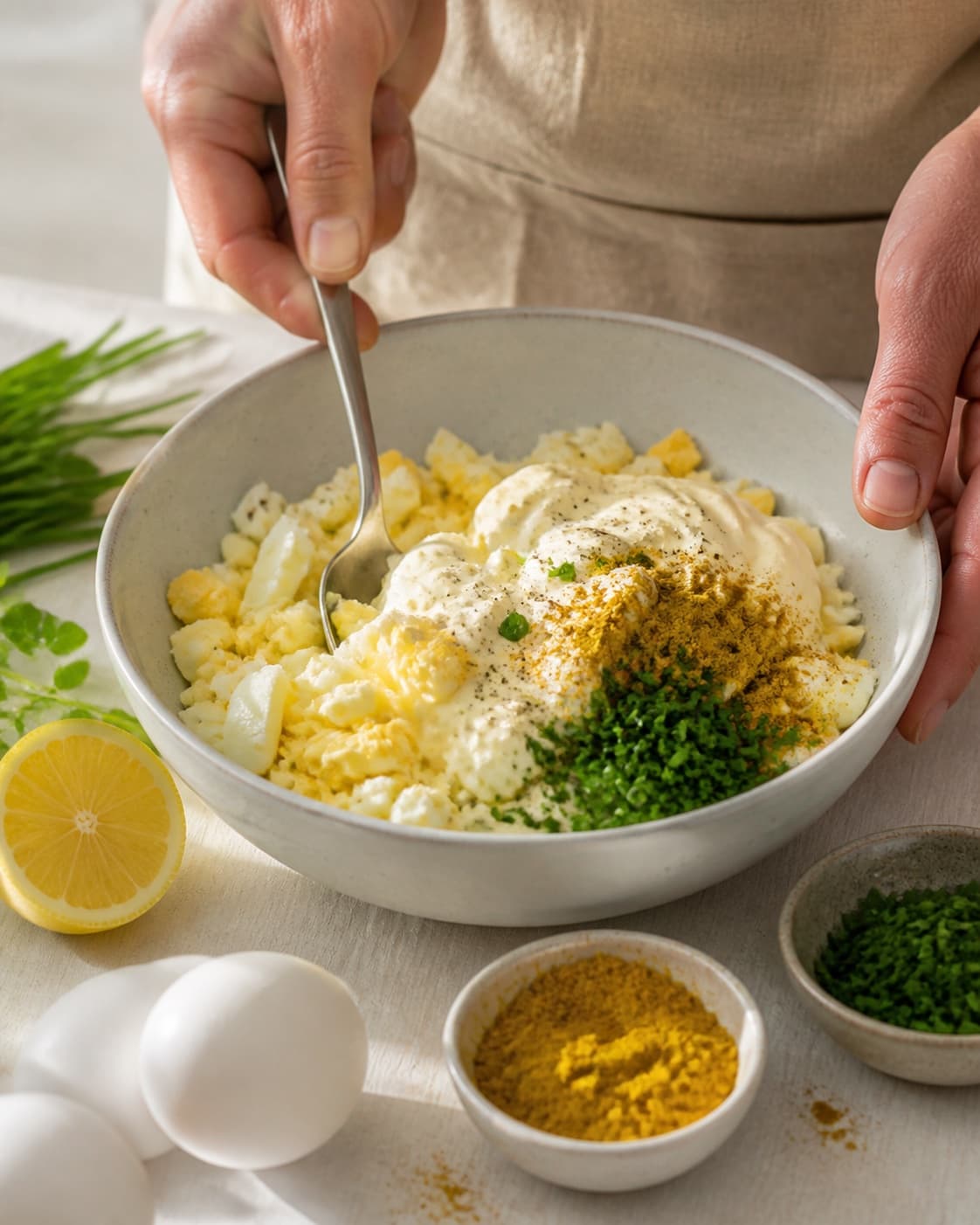 Clean prepared ingredients for æggesalat med karry with karryblanding, æg, mayonnaise, økologisk citron under tilberedningen af æggesalat med karry