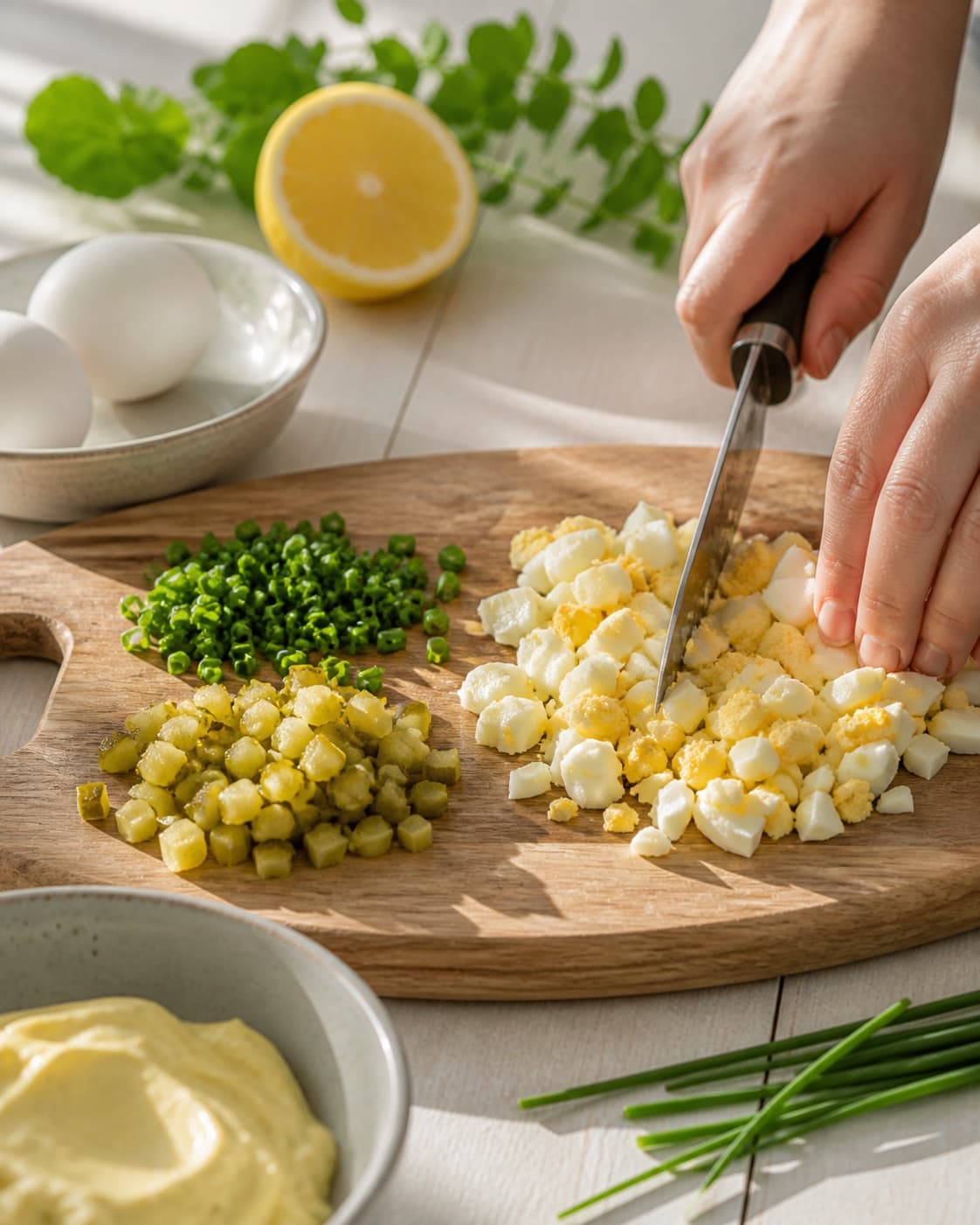 Ingredients for æggesalat med karry being cut into even pieces under tilberedningen af æggesalat med karry