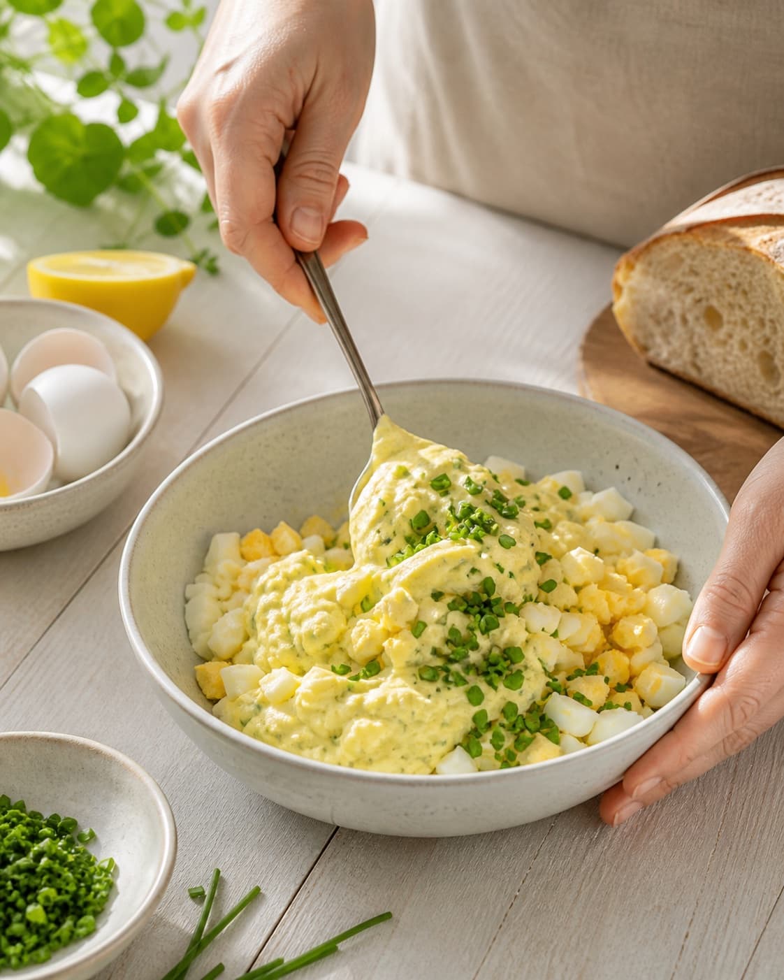 æggesalat med karry being gently combined without crushing the ingredients under tilberedningen af æggesalat med karry