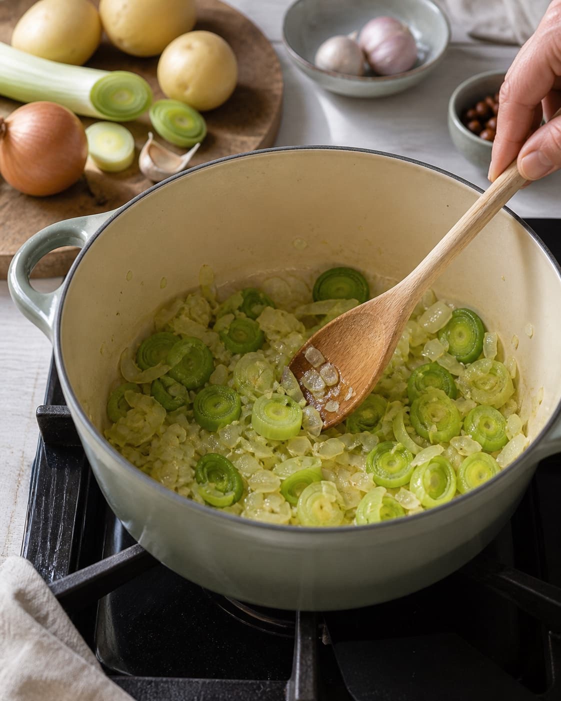 Aromatic base for kartoffel porre suppe gently cooking in a pot under tilberedningen af kartoffel porre suppe
