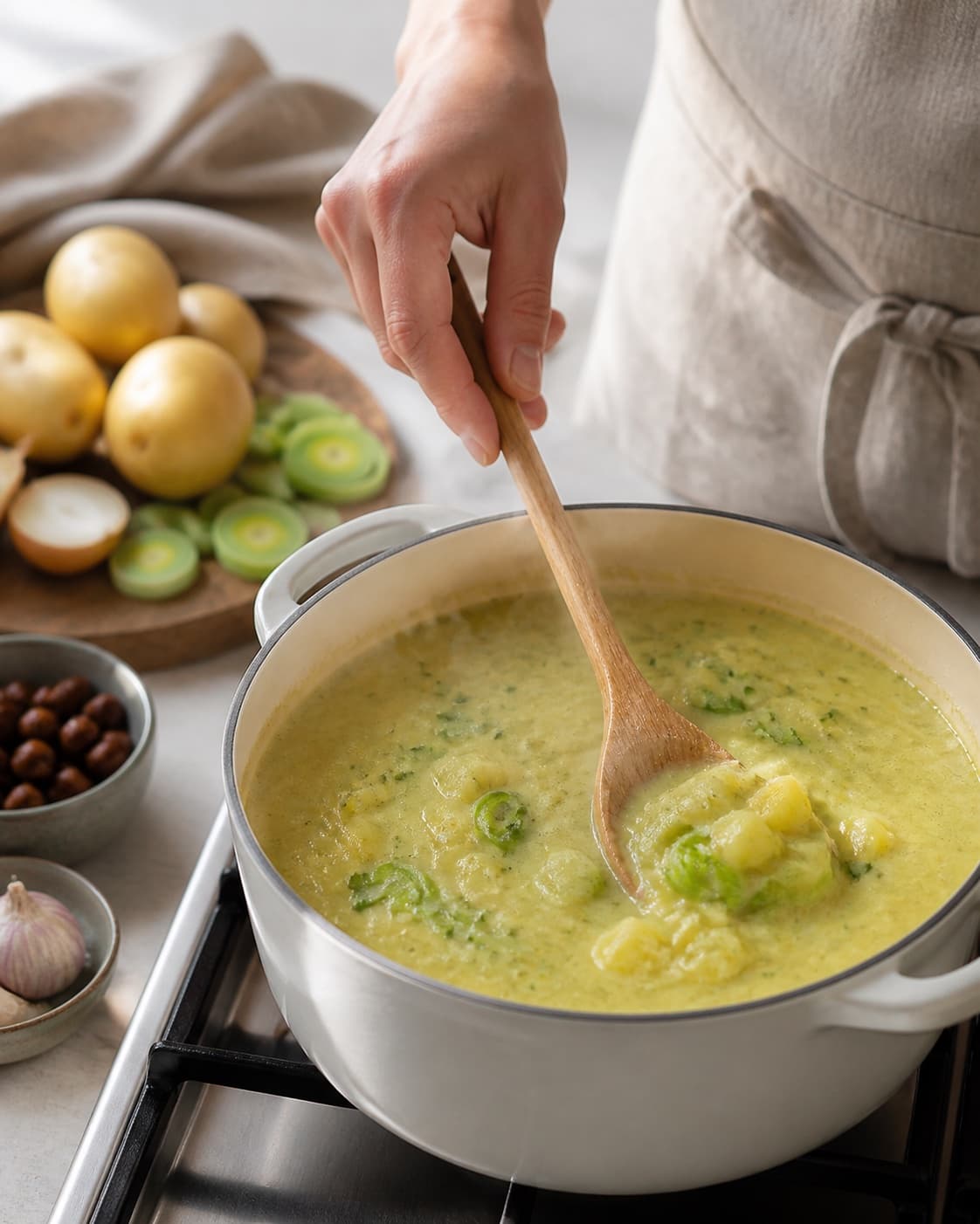 kartoffel porre suppe gently simmering with visible ingredients under tilberedningen af kartoffel porre suppe