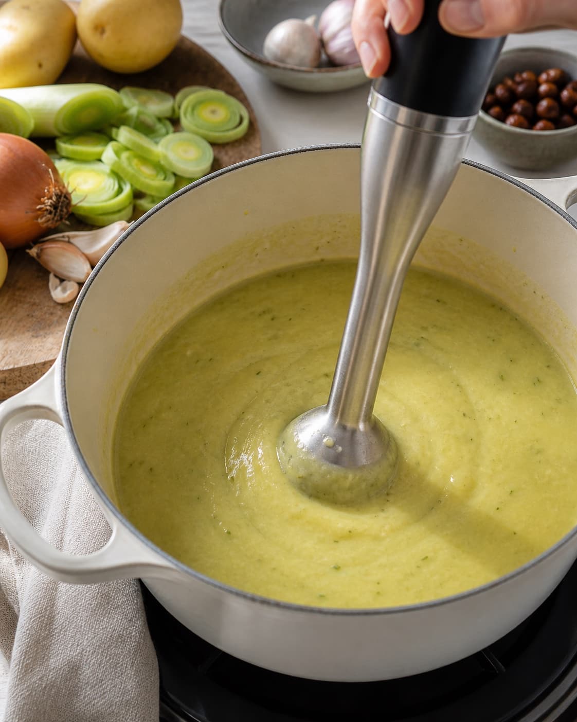 The texture of kartoffel porre suppe being adjusted in the pot under tilberedningen af kartoffel porre suppe