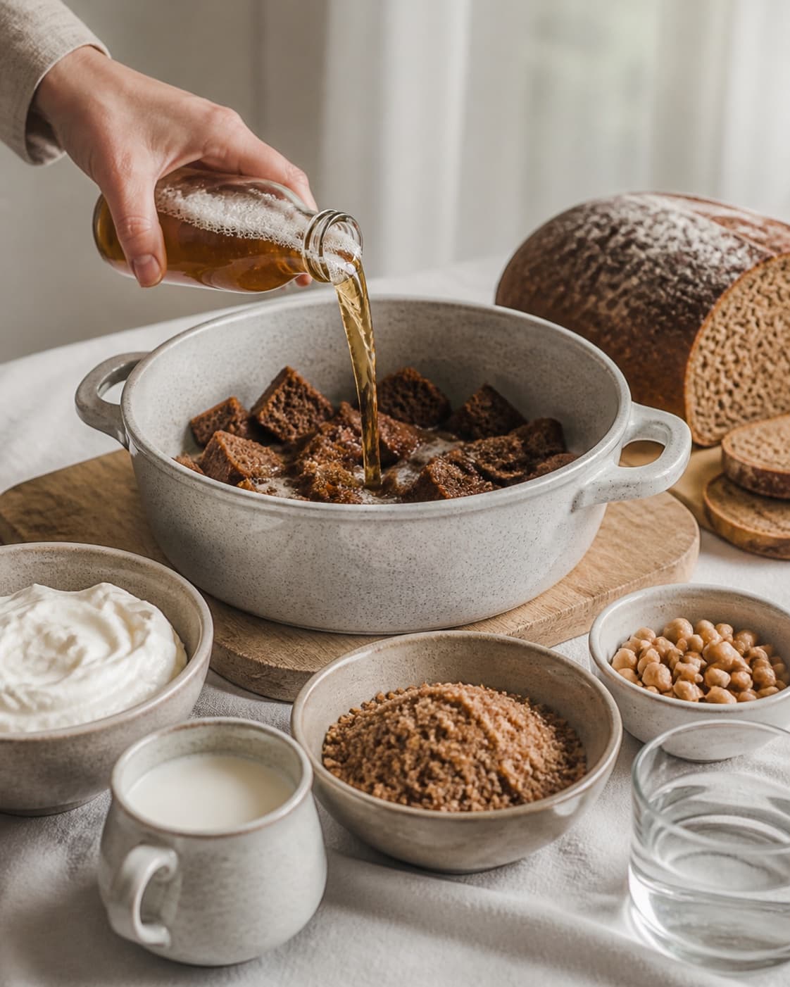Mise en place for øllebrød med flødeskum with piskefløde, mørkt rugbrød, mørkt hvidtøl, vand under tilberedningen af øllebrød med flødeskum