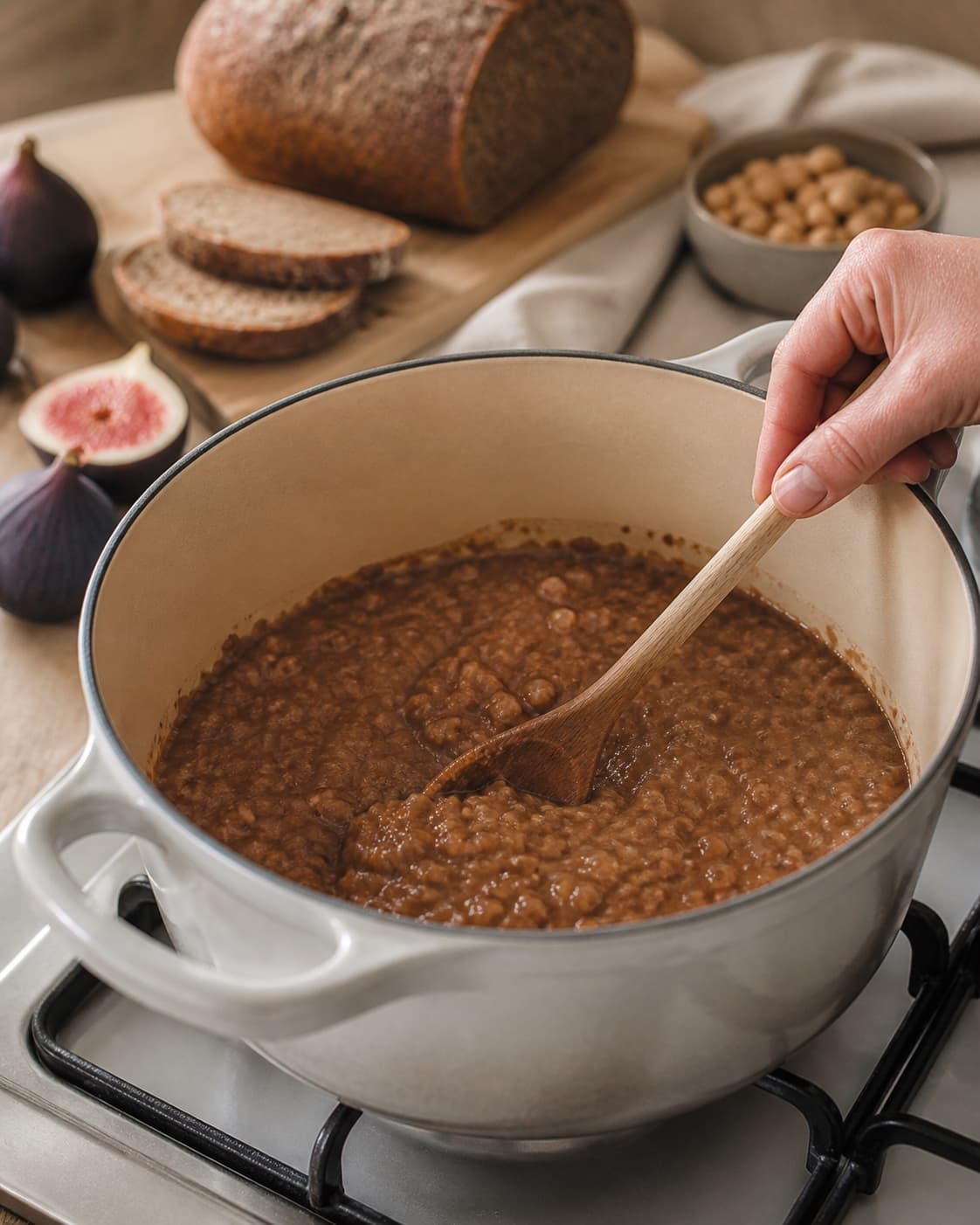 Aromatic base for øllebrød med flødeskum gently cooking in a pot under tilberedningen af øllebrød med flødeskum